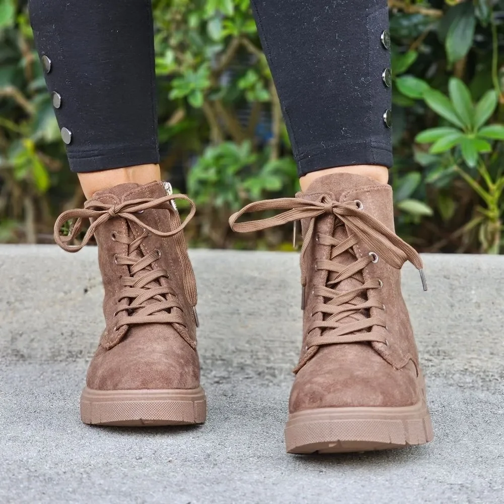 Womens Suede Nude Combat Ankle Boots Lace Up Heeled - Picture 2 of 5